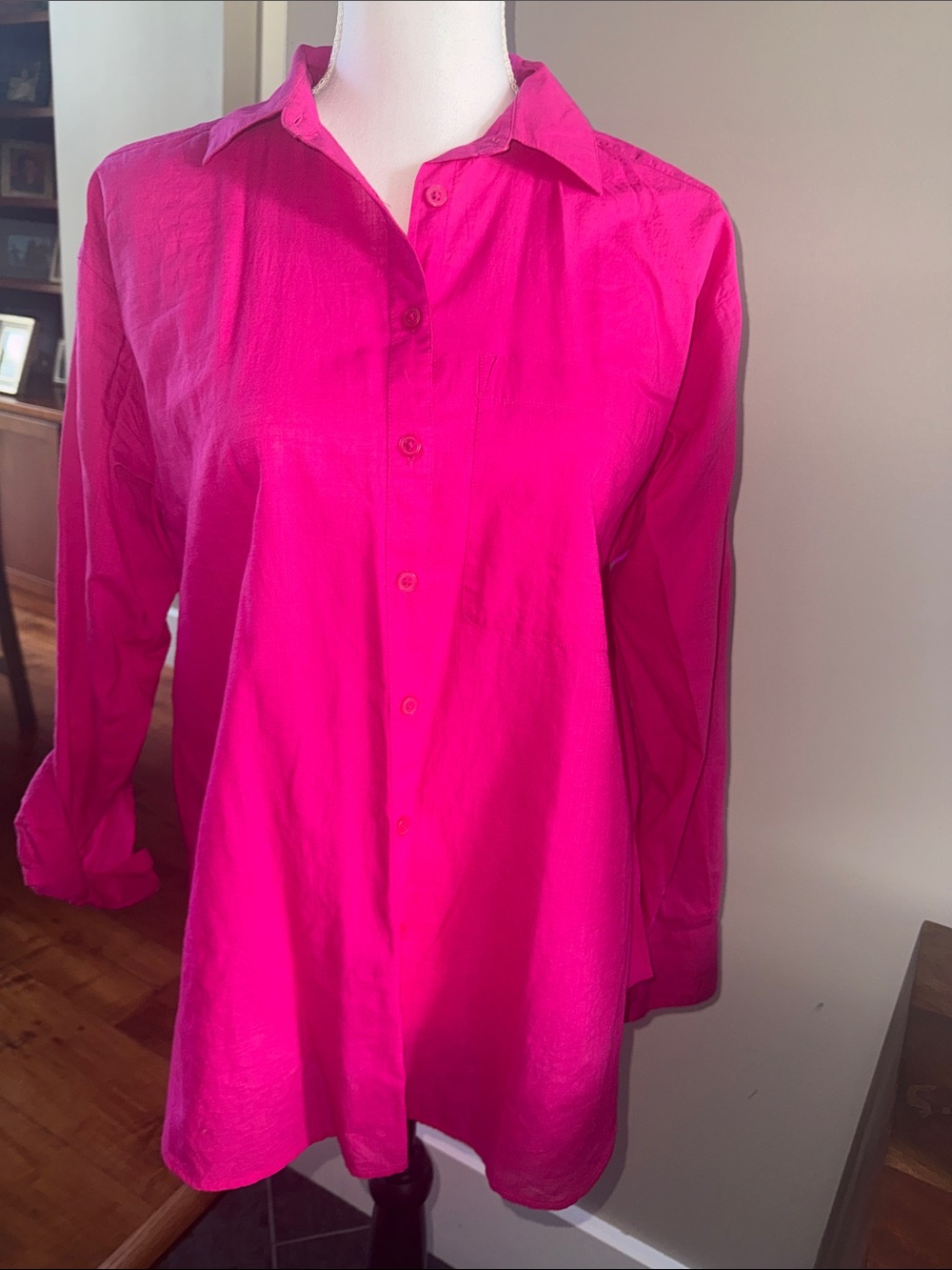 LOFT Hot Pink Button Down Shirt XS Oversized Tunic Blouse Long Sleeve